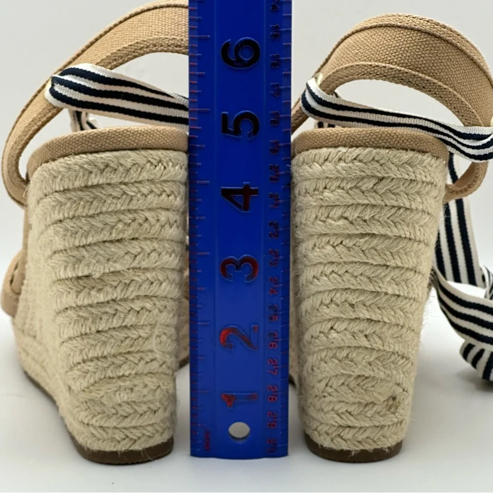 EXPRESS espadrille wedge Black/white Ribbon Ankle Wrap Fabric Tan size 9…